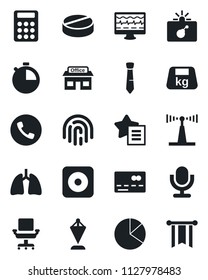 Set of vector isolated black icon - phone vector, credit card, bomb in case, pennant, monitor pulse, pills, lungs, store, heavy, antenna, microphone, favorites list, rec button, stopwatch, pie graph