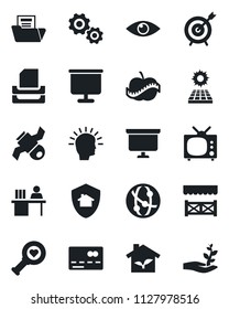Set of vector isolated black icon - credit card vector, presentation board, heart diagnostic, eye, diet, satellite, network, document folder, manager desk, paper tray, sun panel, tv, alcove, target