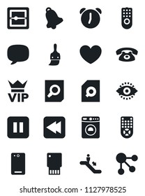 Set of vector isolated black icon - escalator vector, vip, washer, document search, heart, remote control, pause button, rewind, phone back, message, themes, alarm, bell, scanner, eye id, usb flash