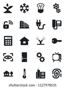 Set of vector isolated black icon - tv vector, radio phone, house, with tree, office building, key, fridge, power plug, wireless lock, irrigation, snowflake, intercome, gear, thermometer, bulb