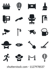 Set of vector isolated black icon - fence vector, meeting, job, rake, wheelbarrow, garden light, run, eye, themes, beer, dress code, knife, intercome, outdoor lamp, surveillance, office chair