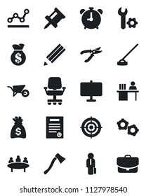 Set of vector isolated black icon - alarm clock vector, gear, money bag, meeting, wheelbarrow, pruner, hoe, axe, root setup, presentation board, drawing pin, point graph, manager desk, target, case
