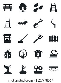 Set of vector isolated black icon - shovel vector, farm fork, ladder, tree, sproute, lady bug, well, hose, hoe, sickle, bench, seeds, caterpillar, bird house, fence, flower in pot, sprinkler