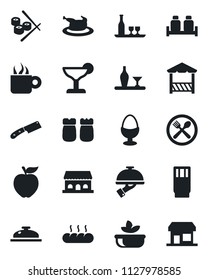 Set of vector isolated black icon - alcohol vector, cafe, reception, drink, cocktail, coffee, salad, waiter, egg stand, salt and pepper, bread, building, alcove, chicken, knife, sushi, apple fruit
