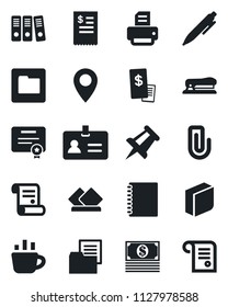 Set of vector isolated black icon - identity vector, pen, coffee, drawing pin, printer, contract, folder document, copybook, paper clip, blank box, binder, stapler, restaurant receipt, serviette