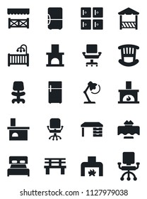 Set of vector isolated black icon - checkroom vector, office chair, desk, bench, fireplace, lamp, bedroom, children room, restaurant table, alcove, fridge