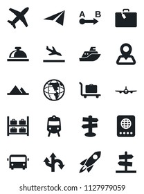 Set of vector isolated black icon - arrival vector, suitcase, baggage trolley, airport bus, train, reception bell, passport, plane, luggage storage, route, signpost, navigation, sea shipping, rocket