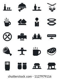 Set of vector isolated black icon - coffee vector, waiter, alcohol, restaurant table, cafe, reserved, drink, plates, salt and pepper, building, steak, ham, sushi, serviette, storefront