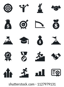 Set of vector isolated black icon - dispatcher vector, handshake, pedestal, medal, graduate, money bag, bar graph, target, career ladder, arrow up, motivation, crisis, certificate