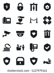 Set of vector isolated black icon - fence vector, passport control, security gate, trash bin, lock, hose, patch, heart shield, hand, protect, estate insurance, intercome, home, surveillance