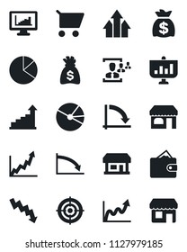 Set of vector isolated black icon - shop vector, growth statistic, money bag, crisis graph, store, monitor statistics, pie, hr, target, arrow up, wallet, cart, presentation, storefront