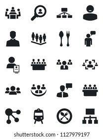 Set of vector isolated black icon - spoon and fork vector, train, speaking man, team, meeting, patient, user, company, hr, consumer search, group, social media, hierarchy