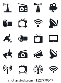 Set of vector isolated black icon - antenna vector, satellite, radio, loudspeaker, tv, video camera, wireless