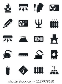 Set of vector isolated black icon - fire vector, hose, fireplace, thermometer, heater, air conditioner, candle, water, smoke detector, radiator, warm floor