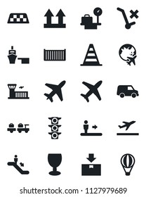 Set of vector isolated black icon - plane vector, taxi, departure, escalator, baggage larry, border cone, luggage scales, globe, airport building, traffic light, cargo container, sea port, fragile