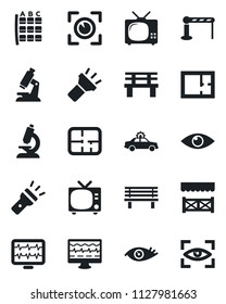 Set of vector isolated black icon - barrier vector, tv, alarm car, seat map, bench, monitor pulse, microscope, eye, torch, plan, alcove, scan