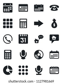 Set of vector isolated black icon - right arrow vector, circle chart, microphone, menu, calendar, calculator, phone, home message, money bag