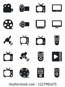 Set of vector isolated black icon - tv vector, reel, satellite, video camera, remote control, monitor