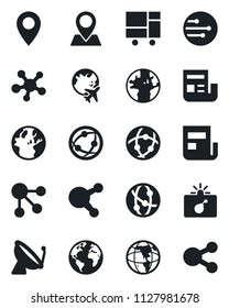 Set of vector isolated black icon - satellite antenna vector, bomb in case, plane globe, earth, pin, consolidated cargo, network, share, news, social media