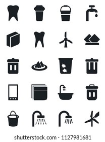Set of vector isolated black icon - trash bin vector, shower, bucket, tooth, mobile, blank box, water supply, bathroom, serviette, filter, windmill
