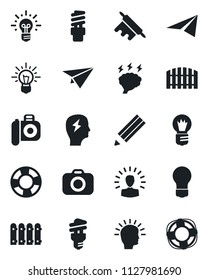 Set of vector isolated black icon - brainstorm vector, bulb, camera, pencil, fence, rolling pin, energy saving, shining head, idea, paper plane, crisis management