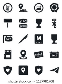 Set of vector isolated black icon - no mobile vector, laptop, stamp, plant label, heart shield, navigation, fragile, hook, barcode, sd, place tag, pen, sale, menu, open close, paper plane