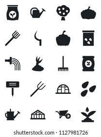 Set of vector isolated black icon - farm fork vector, rake, watering can, wheelbarrow, sproute, sickle, plant label, pumpkin, greenhouse, seeds, fertilizer, fruit tree, irrigation
