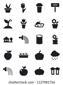 Set of vector isolated black icon - flower in pot vector, seedling, watering, sproute, rain, plant label, pumpkin, tulip, oil barrel, house with tree, pond, apple fruit, water filter