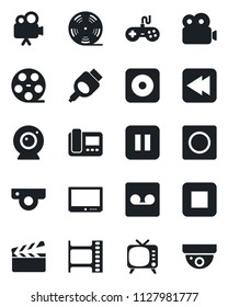 Set of vector isolated black icon - clapboard vector, film frame, reel, tv, gamepad, video camera, pause button, stop, rewind, rec, hdmi, record, web, intercome, surveillance