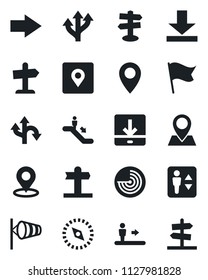 Set of vector isolated black icon - elevator vector, escalator, right arrow, wind, radar, route, signpost, pin, download, place tag, compass, flag, guidepost