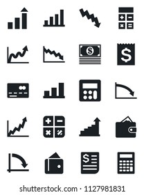 Set of vector isolated black icon - credit card vector, growth statistic, calculator, crisis graph, receipt, bar, wallet, cash