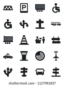 Set of vector isolated black icon - airport tower vector, plane radar, taxi, bus, parking, passport control, signpost, alarm car, border cone, disabled, route, truck trailer, guidepost