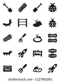 Set of vector isolated black icon - job vector, garden fork, shovel, lady bug, caterpillar, pond, rack, rent, bacon, open close, rocket