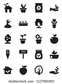Set of vector isolated black icon - flower in pot vector, seedling, tree, sproute, plant label, fertilizer, fruit, salad, apple, eco house, palm