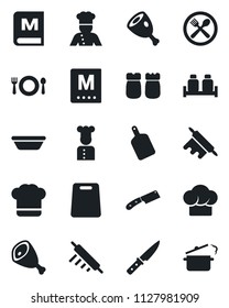 Set of vector isolated black icon - cook vector, cafe, hat, menu, salt and pepper, ham, bowl, rolling pin, cutting board, knife, steaming pan