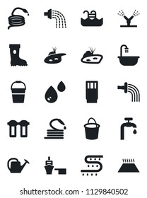 Set of vector isolated black icon - watering can vector, bucket, boot, hose, drip irrigation, sea port, pond, pool, water supply, bathroom, drink, filter, warm floor