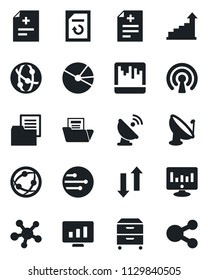 Set of vector isolated black icon - growth statistic vector, monitor, document reload, diagnosis, folder, satellite antenna, network, share, scanner, data exchange, pie graph, archive box, wireless