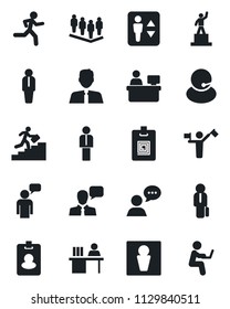 Set of vector isolated black icon - dispatcher vector, elevator, male, manager, speaking man, pedestal, team, place, run, support, speaker, identity card, desk, career ladder, estate agent, pass
