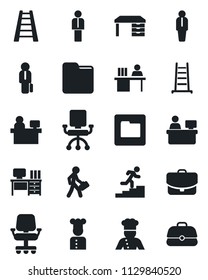 Set of vector isolated black icon - manager vector, desk, place, ladder, folder, career, cook, office chair, case