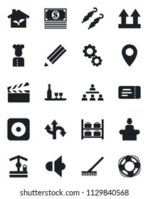 Set of vector isolated black icon - ticket vector, reception, luggage storage, rake, well, route, pin, up side sign, clapboard, speaker, rec button, hierarchy, pencil, cook, alcohol, kebab, gear