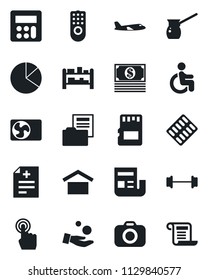 Set of vector isolated black icon - plane vector, diagnosis, pills blister, barbell, disabled, warehouse storage, rack, camera, touch screen, calculator, sd, pie graph, news, document folder, cash
