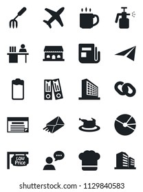 Set of vector isolated black icon - office building vector, binder, garden fork, sprayer, plane, news, speaker, chain, battery, coffee, pie graph, manager desk, low price signboard, cook hat, cafe