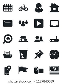 Set of vector isolated black icon - trash bin vector, notebook pc, calendar, bike, support, mobile tracking, video camera, group, play button, clock, drawing pin, document folder, mail, house, flag