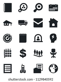 Set of vector isolated black icon - reception vector, seat map, dollar sign, team, notepad, brainstorm, house, office phone, car delivery, search cargo, mail, calendar, copybook, document folder