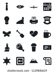 Set of vector isolated black icon - ticket vector, plane, growth statistic, bulb, job, butterfly, eye, heart, themes, scanner, calendar, coffee, printer, tie, mountains, children room, ham, police