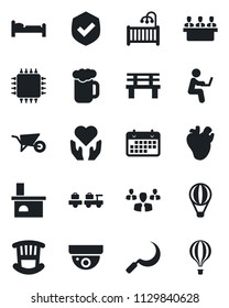 Set of vector isolated black icon - bed vector, baggage larry, wheelbarrow, sickle, bench, fireplace, heart hand, real, term, shield, meeting, children room, beer, chip, surveillance, group