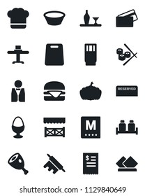 Set of vector isolated black icon - pumpkin vector, waiter, alcohol, restaurant table, cook hat, menu, reserved, drink, egg stand, salt and pepper, alcove, credit card, receipt, ham, hamburger, bowl