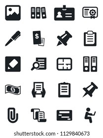 Set of vector isolated black icon - identity vector, contract, office binder, document search, pen, drawing pin, clipboard, paper, gallery, notes, clip, plan, restaurant receipt, cash, schedule