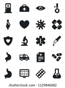 Set of vector isolated black icon - medical room vector, heart, monitor pulse, doctor case, diagnosis, dropper, microscope, pills, blister, patch, ambulance star, car, shield, stomach, eye, virus