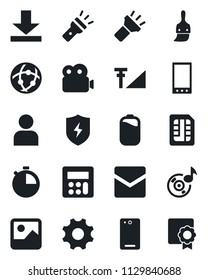 Set of vector isolated black icon - mobile vector, phone back, gallery, protect, settings, themes, user, calculator, stopwatch, mail, sim, network, download, torch, music, video, cellular signal